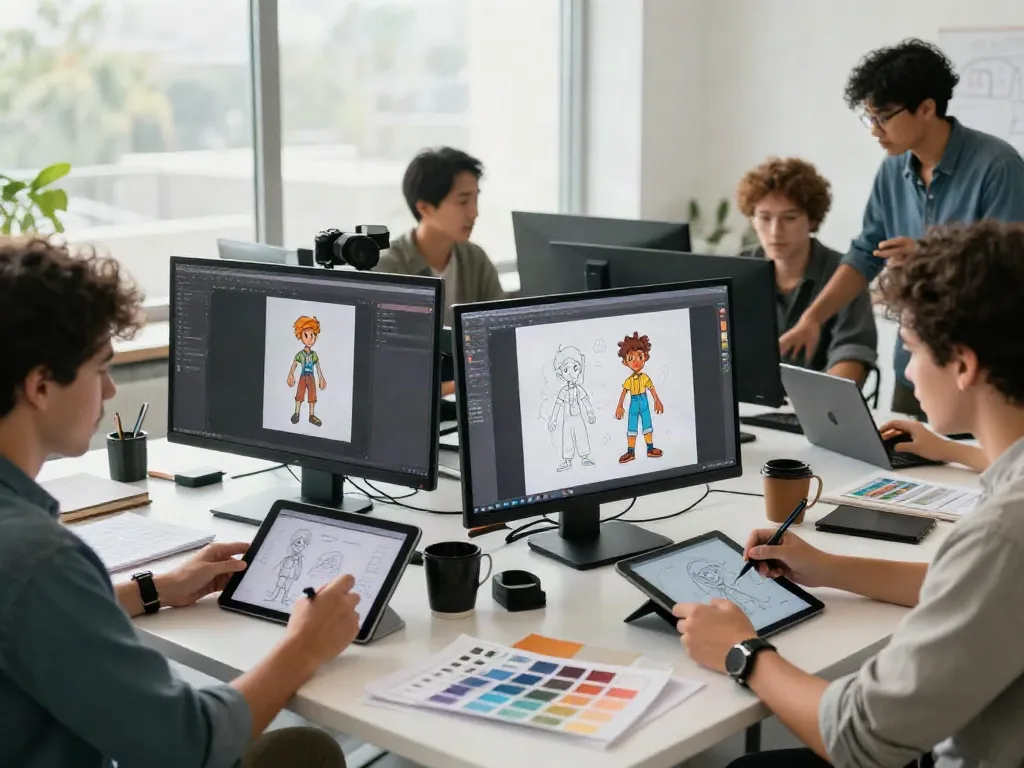 Creative team using an AI character sheet generator in a vibrant workspace, collaborating on character designs.
