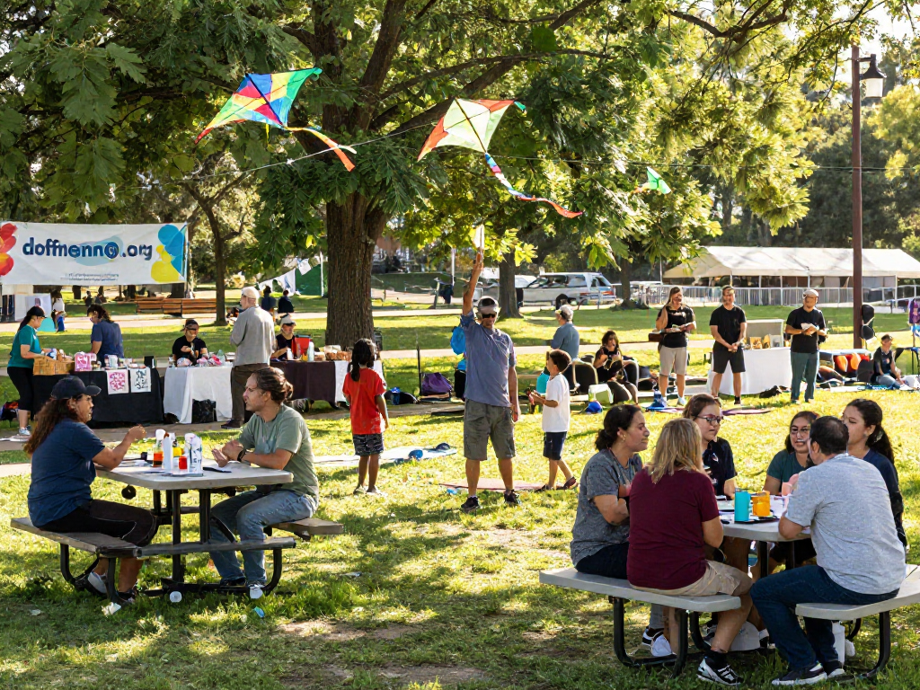 Community event celebrating connections with dofdmenno.org banners visible amidst diverse activities.