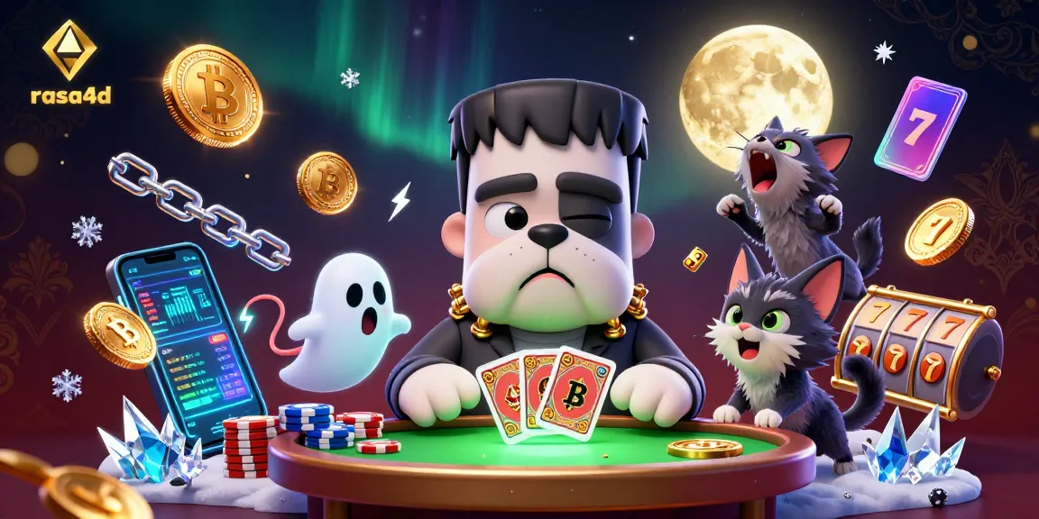 Gambar yang menggambarkan rasa4d menampilkan Frankenstein bulldog dan kucing werewolf bermain kartu di meja kasino.