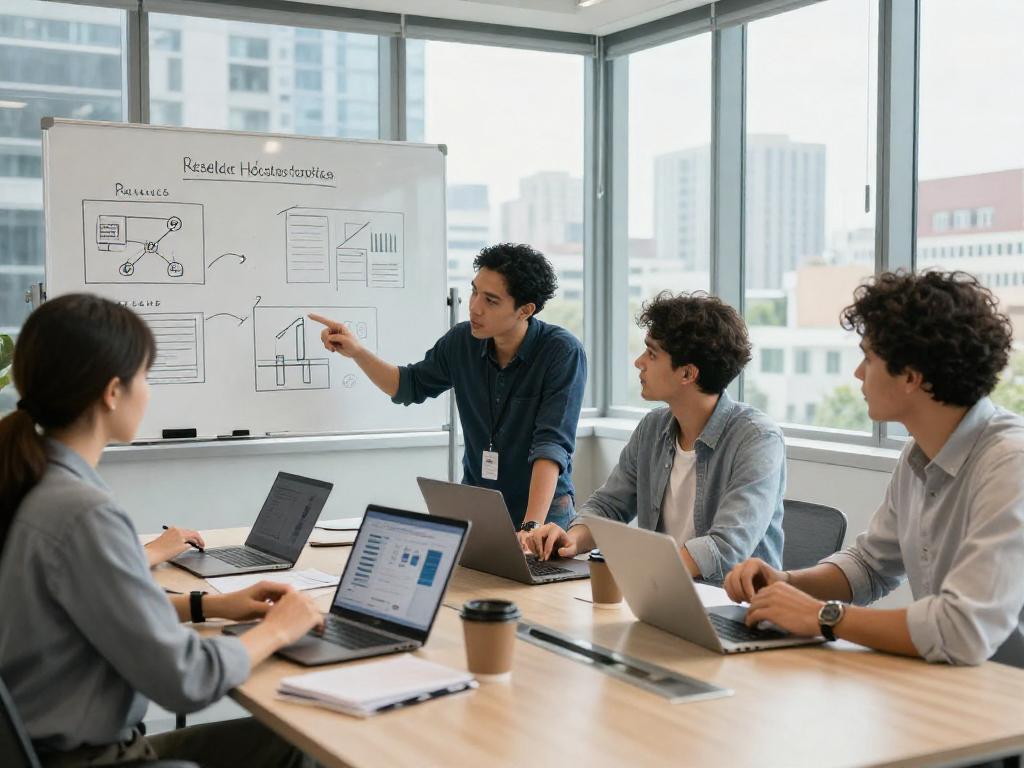 A collaborative meeting on reseller hosting strategies in a modern office with a diverse team discussing data-driven reports.