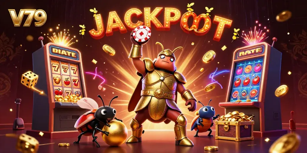 V79 jackpot celebration with hercules and dung beetles amidst casino-themed elements.