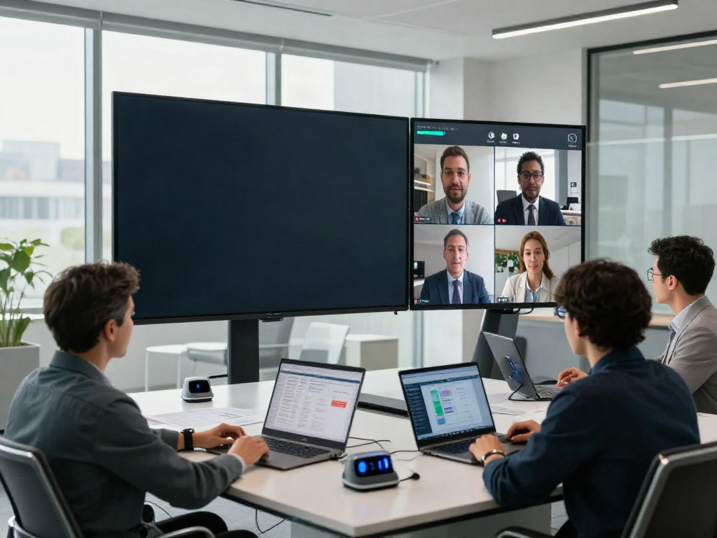 Deepfake protected Conferencing in a modern workspace with professionals engaged in secure online meetings.
