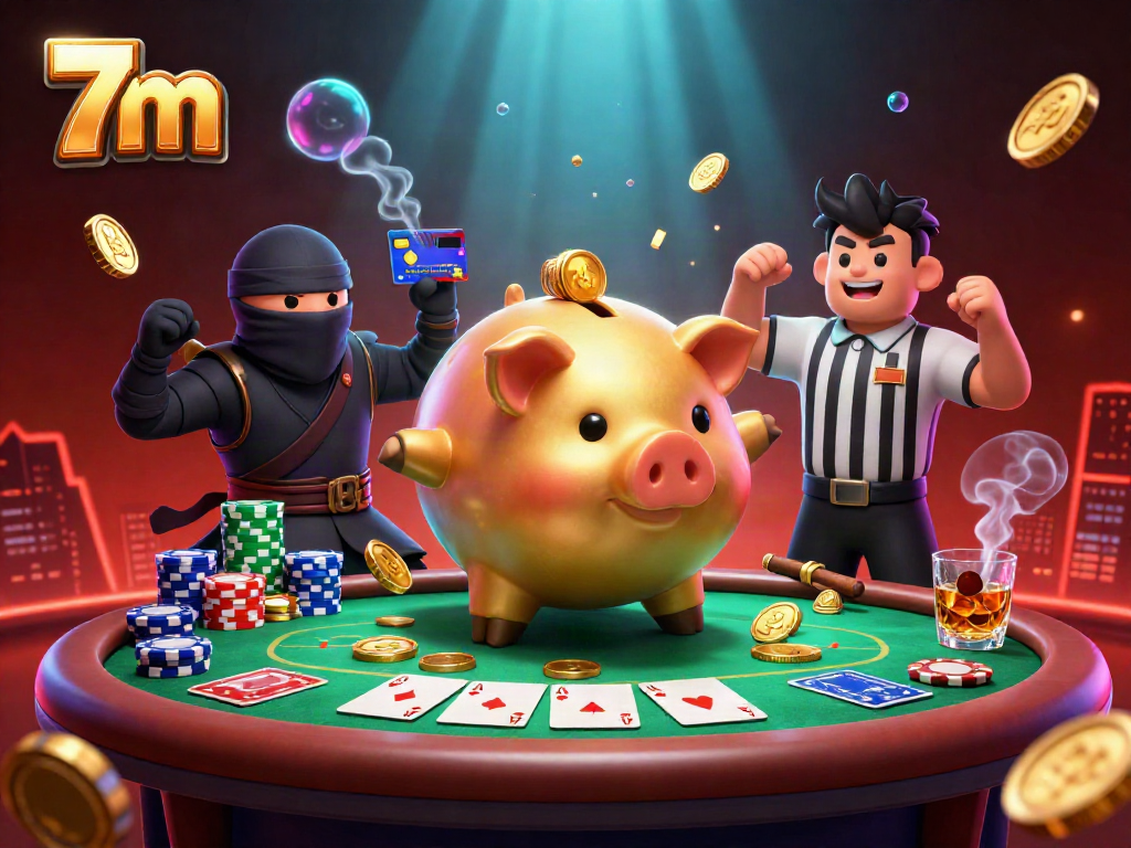 Engaging scene of 7m's piggy bank sumo wrestler surrounded by vibrant poker elements, showcasing dynamic action and gambling excitement.