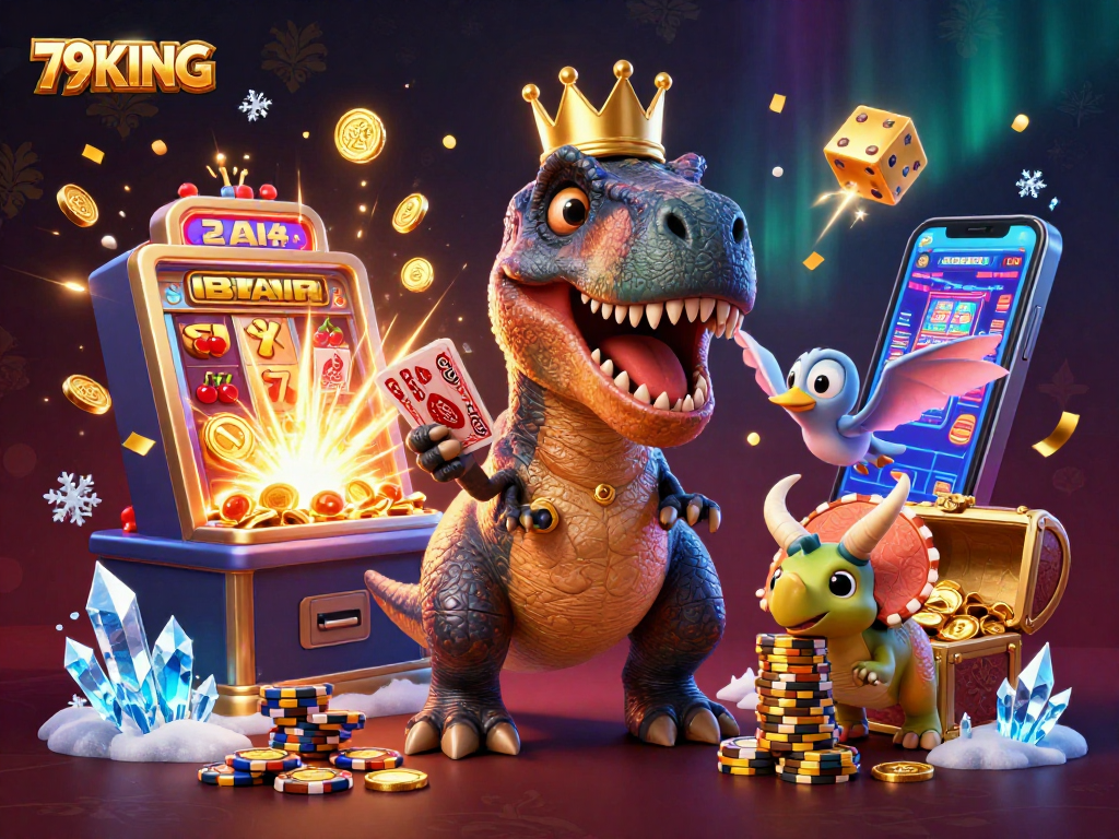 Join the fun with 79KING as a T-Rex shuffles cards in a vibrant casino scene.