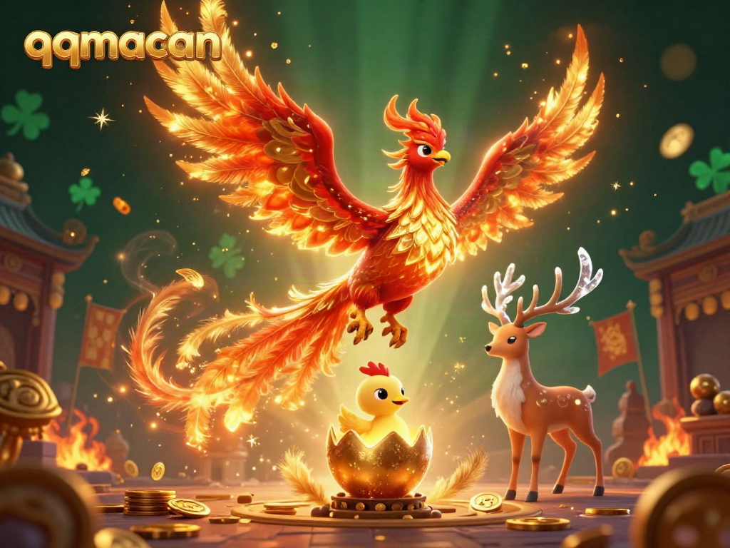 Experience the thrill of qqmacan with golden phoenix and striking gaming elements in a vibrant 3D scene.