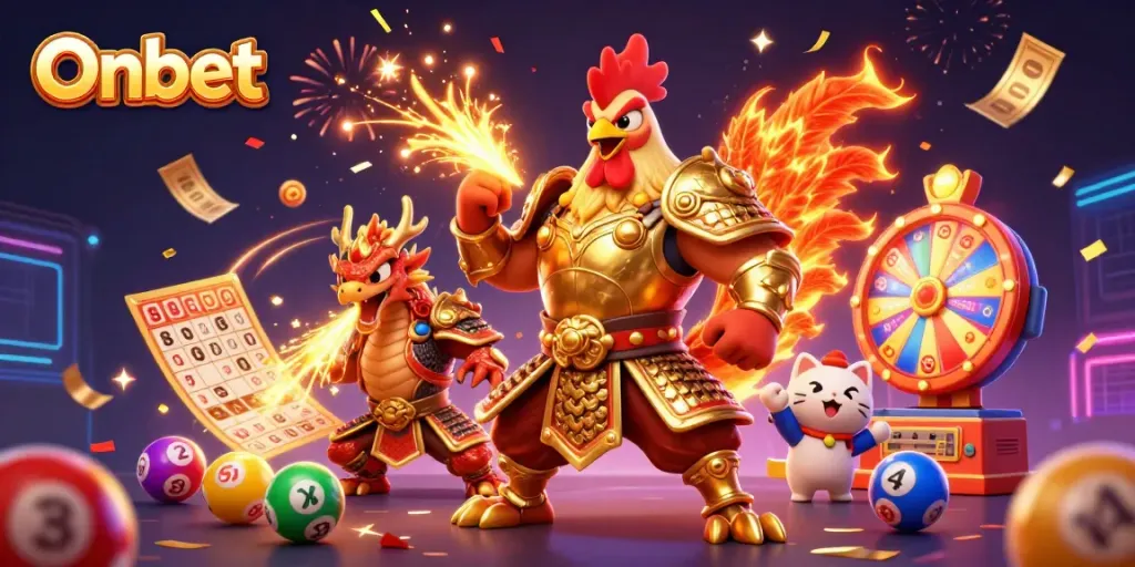 Engage with Onbet's vibrant gambling world featuring dynamic characters amidst lottery elements.