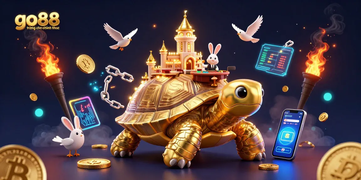 Engage in exciting gameplay with go88 trang chu chinh thuc as birds bring golden coins around a casino on a tortoise.