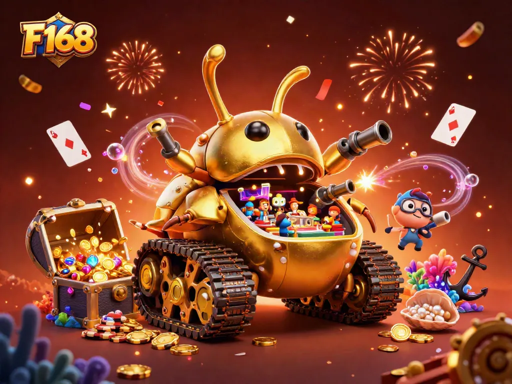 Engage bettors with the vibrant F168 casino illustration showcasing golden elements and festive details.