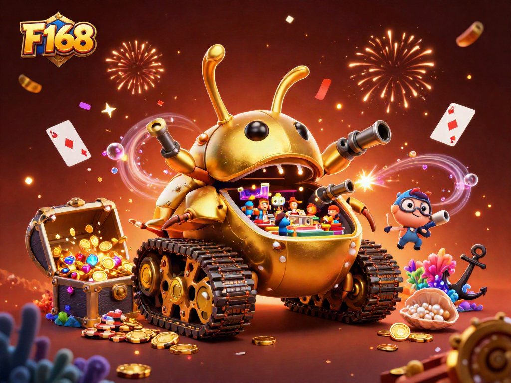 Engage bettors with the vibrant F168 casino illustration showcasing golden elements and festive details.