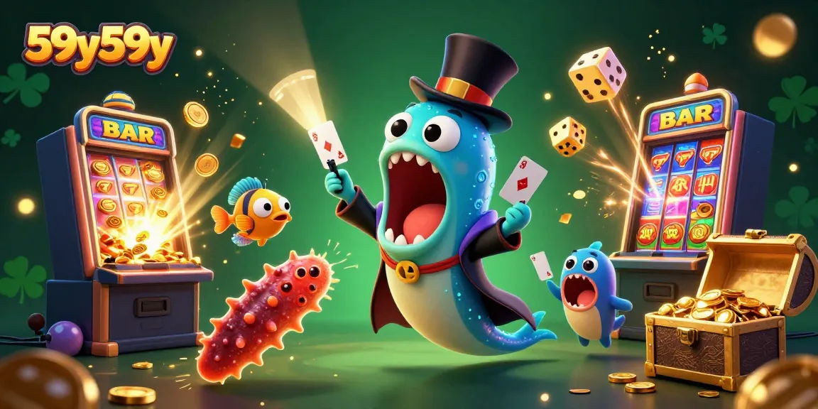 Engage with the dazzling world of 59y59y as a gulper eel performs magic tricks amid exploding jackpot slot machines.