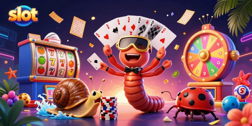Experience exciting slot games with a colorful 3D casino scene featuring a dealer and high-roller.
