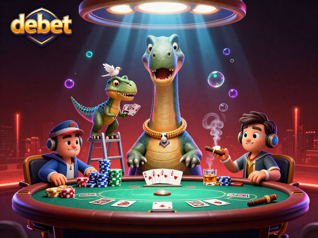 Experience debet at this vibrant poker scene with a dinosaur dealer, colorful chips, and thrilling card action.