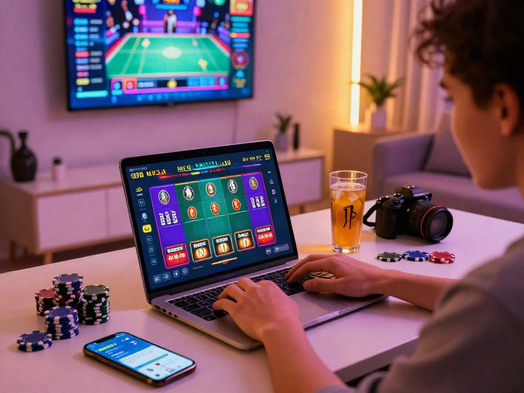 Engaging moment at a sleek online gambling setup featuring bandar ze togel online, colorful digital interfaces, and gaming accessories.