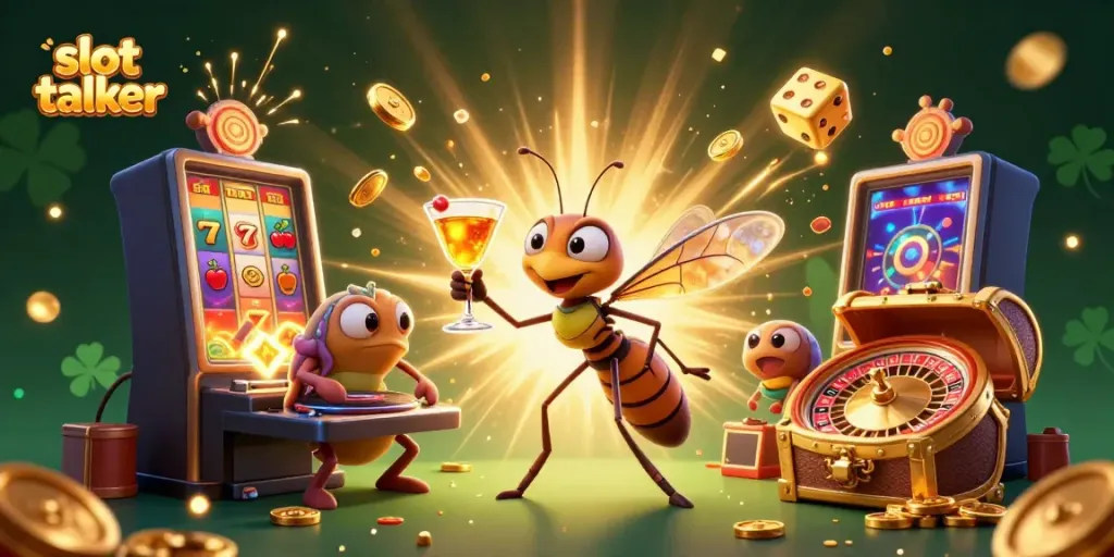 Experience the vibrant slot talker scene with a whimsical frozen mosquito mascot, jackpot coins, and dynamic casino elements.