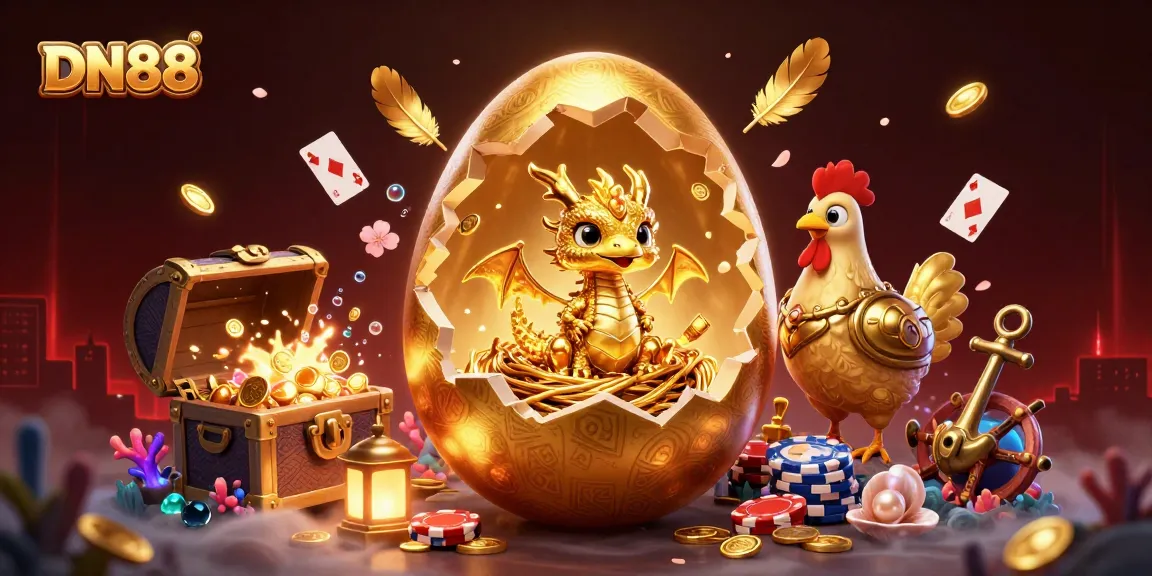 Experience the excitement at DN88 with a golden baby dragon amidst poker chips and swirling treasures.