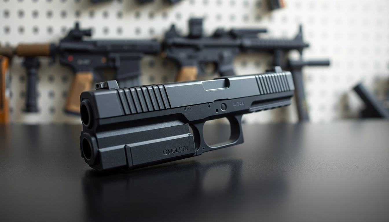 Showcasing glock 43x mos oem slide with sleek design and tactical gear backdrop.
