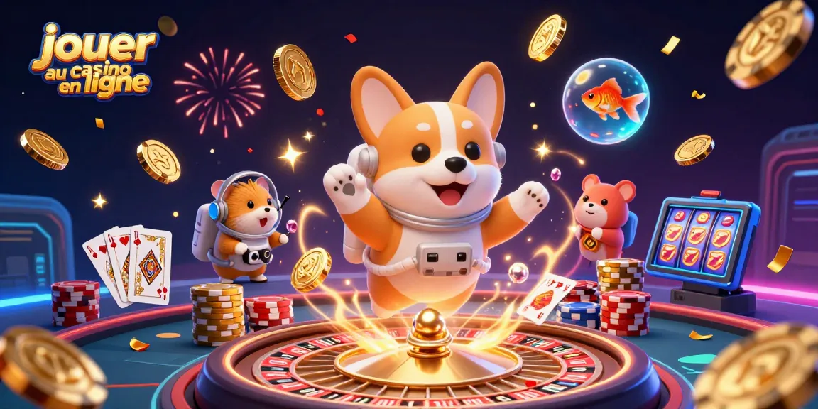 Jouer au casino en ligne avec un corgi astronaute flottant dans un casino spatial, entouré de pièces d'or scintillantes.