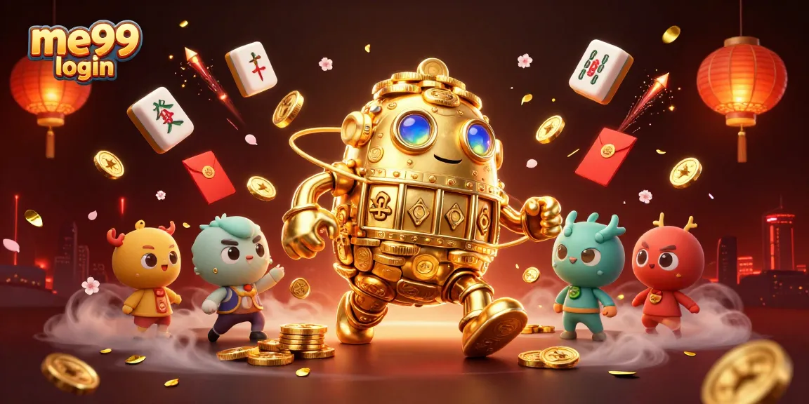 Experience thrilling me99 login adventure with a golden coin golem amidst vibrant casino elements.