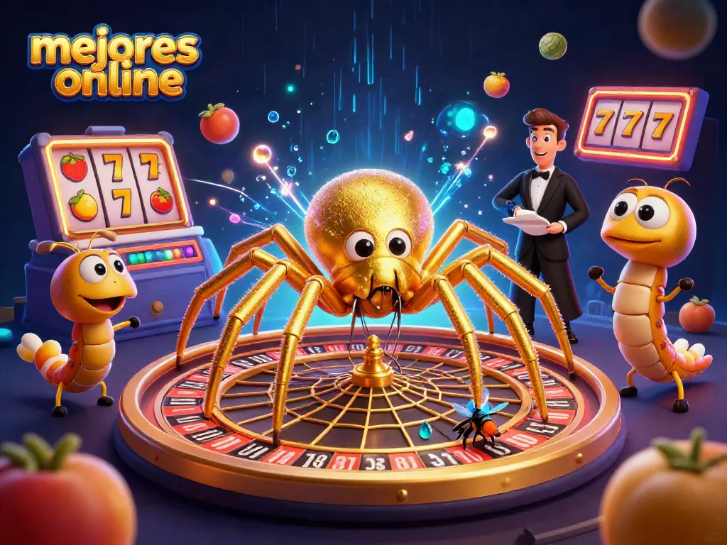 Visualiza los mejores casinos online, con una araña dorada y un crupier centípede en acción.