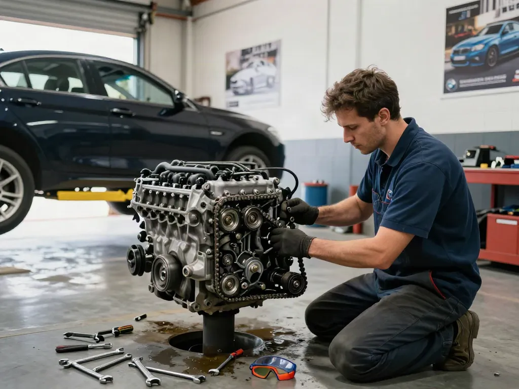 Mechaniker, der an einer BMW Steuerkette arbeitet und den Prozess des Wechsels demonstriert.