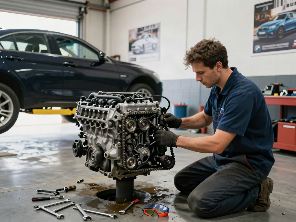 Mechaniker, der an einer BMW Steuerkette arbeitet und den Prozess des Wechsels demonstriert.