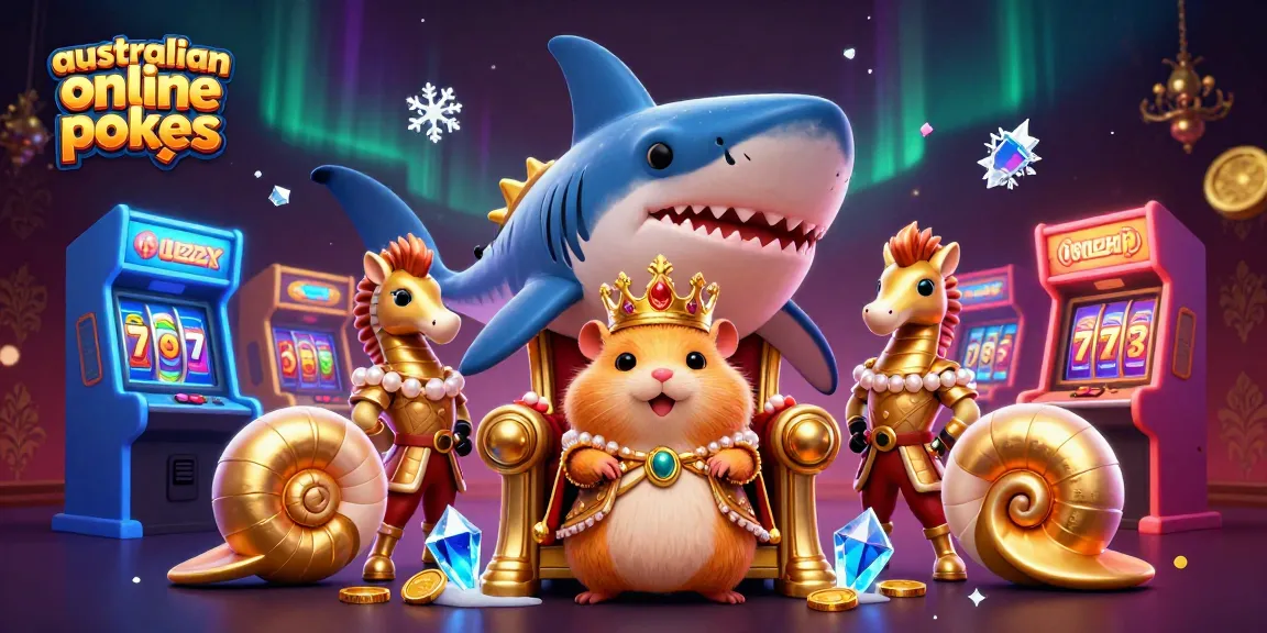 Play thrilling australian online pokies with a fierce hamster king amidst vibrant casino elements.