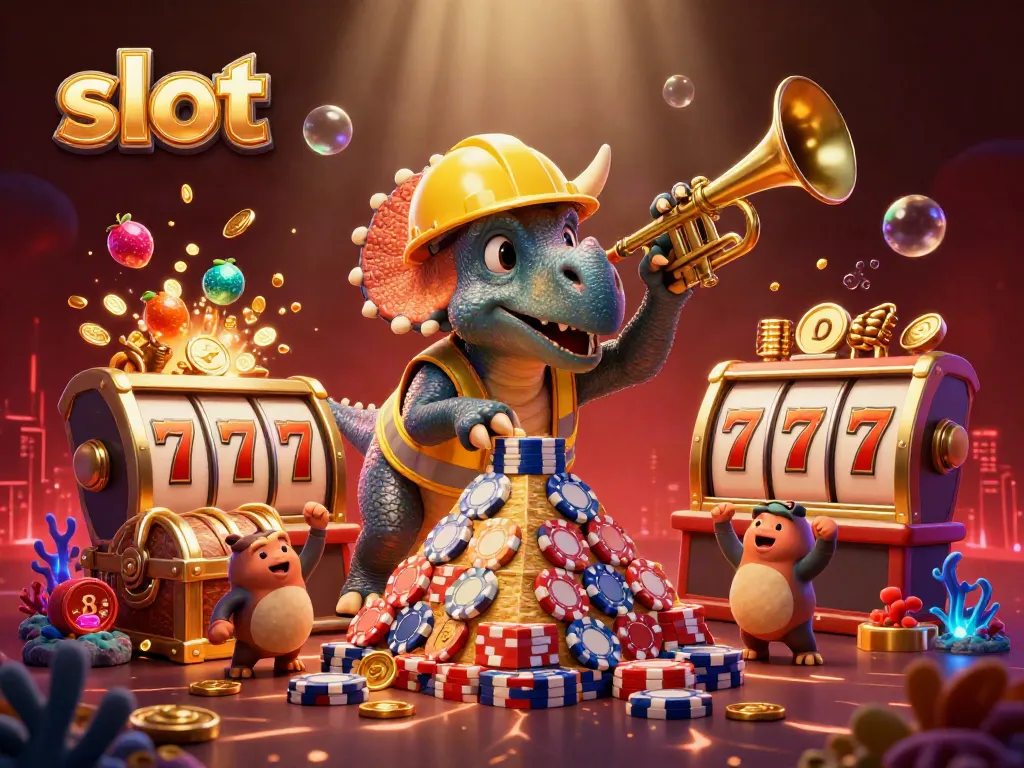 Slot yang mengejutkan dengan triceratops membangun piramida chip poker di tengah suasana kasino meriah
