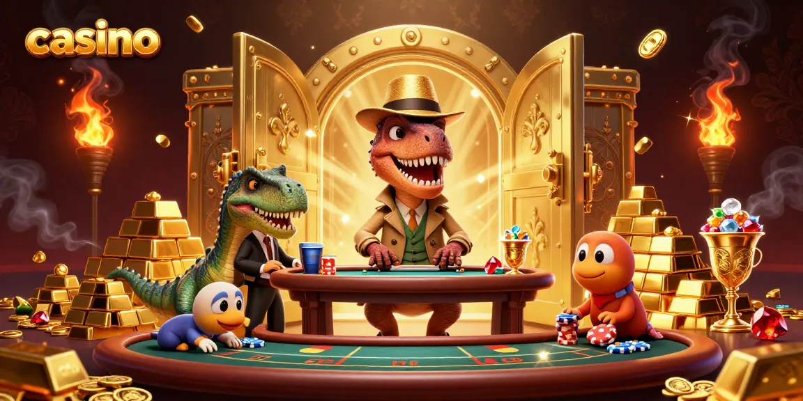 Engage in a thrilling casino scene where a velociraptor card counter and friends are amidst piles of treasure.