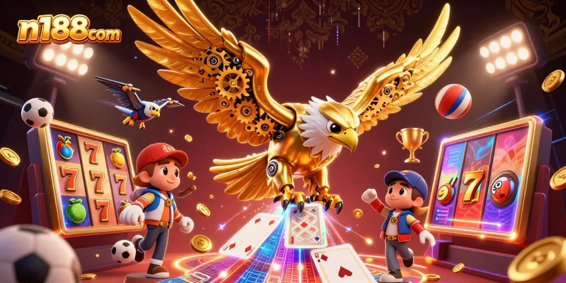 Experience the thrill of n188 com with a 3D golden eagle diving amidst dynamic casino games and sports elements.