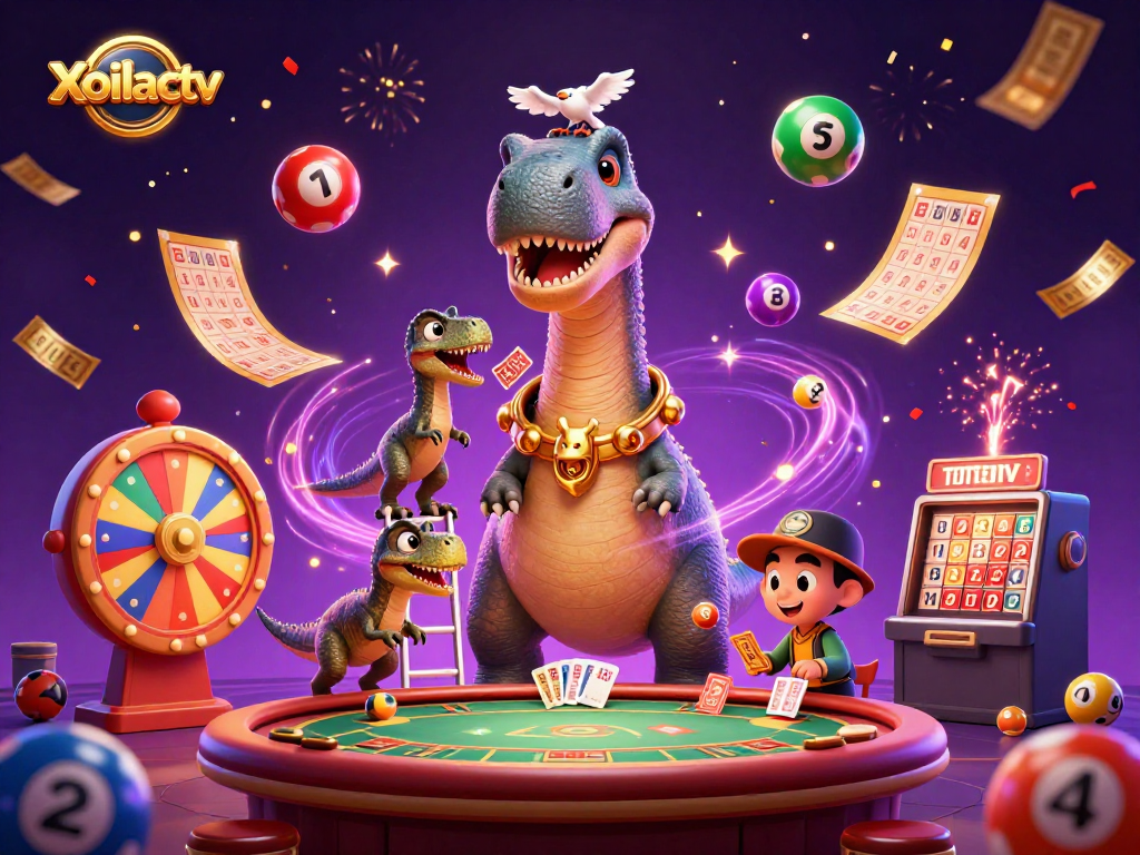 Xoilactv brings thrilling lottery action with a towering brontosaurus and clever raptor dealer in vibrant casino scene.