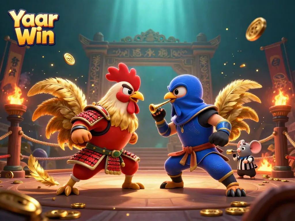 Experience the thrill of Yaar Win through an intense rooster battle in a vibrant 3D casino environment.