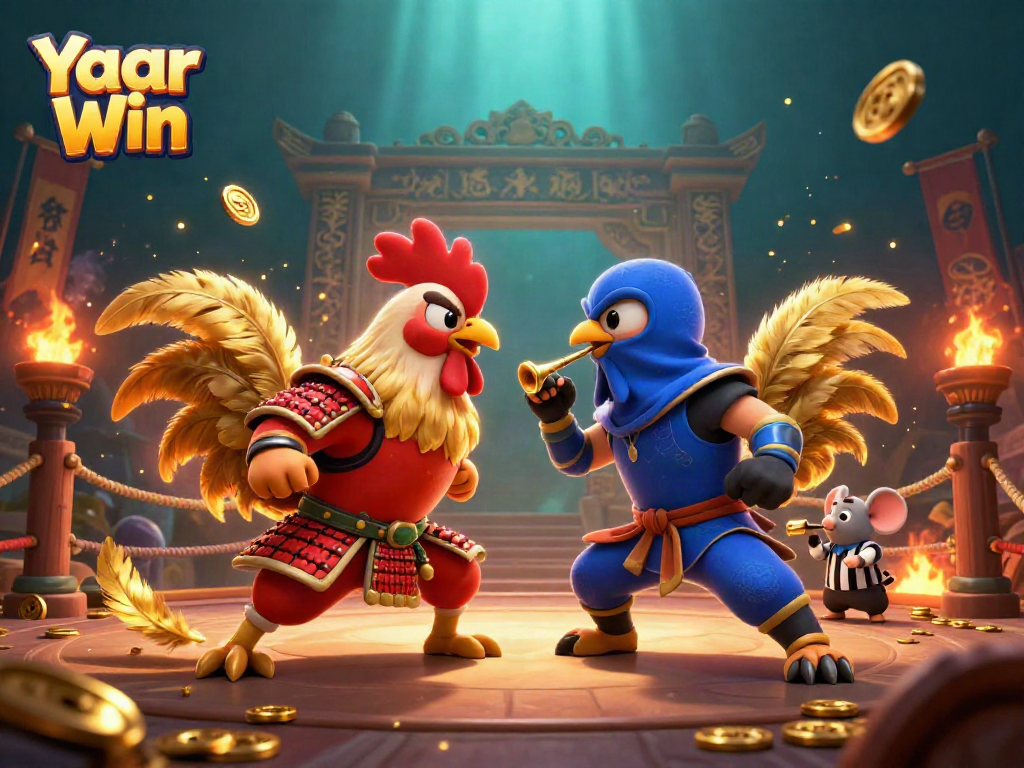 Experience the thrill of Yaar Win through an intense rooster battle in a vibrant 3D casino environment.
