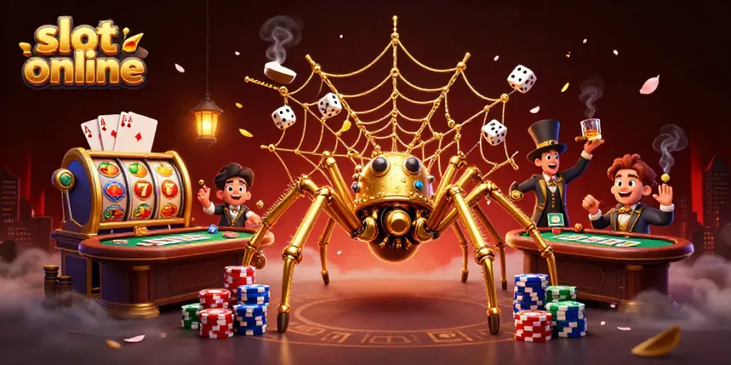 Spin to win with this engaging slot online scene featuring a golden spider and lively slot elements.