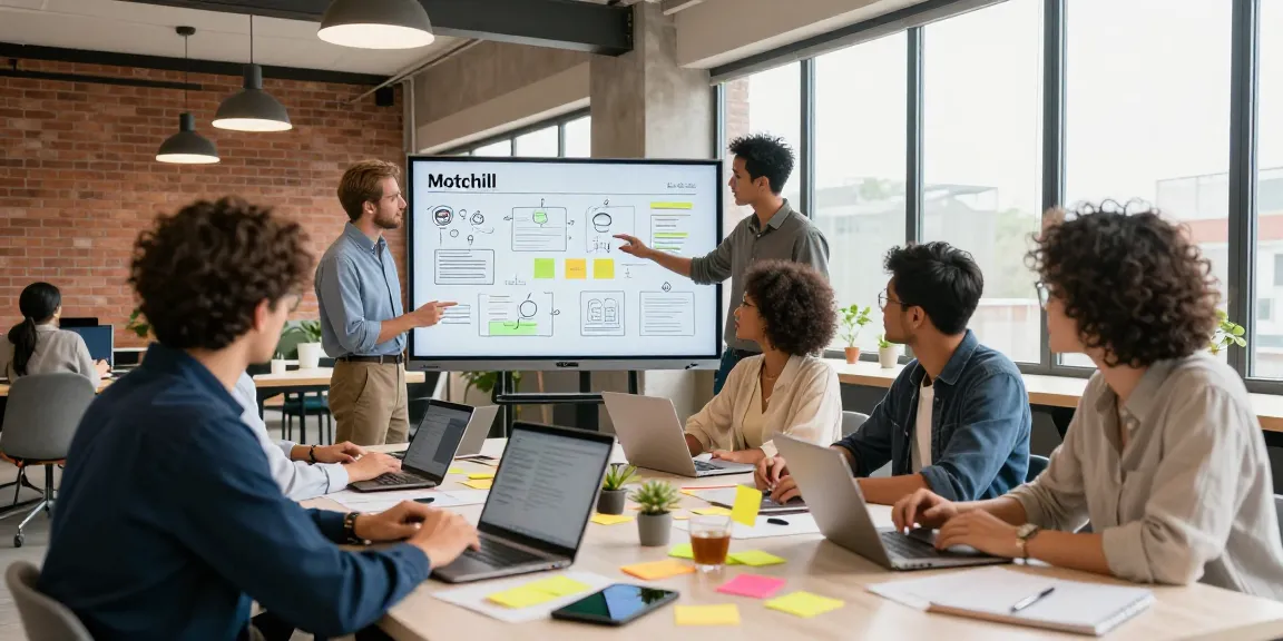 Collaboration at Motchill project in modern workspace with diverse professionals.
