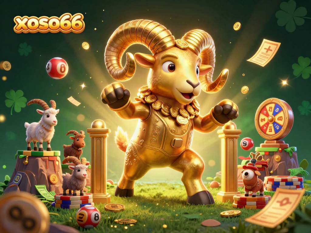 A golden ram charges at a vibrant lottery scene, representing xoso66 excitement and prizes.