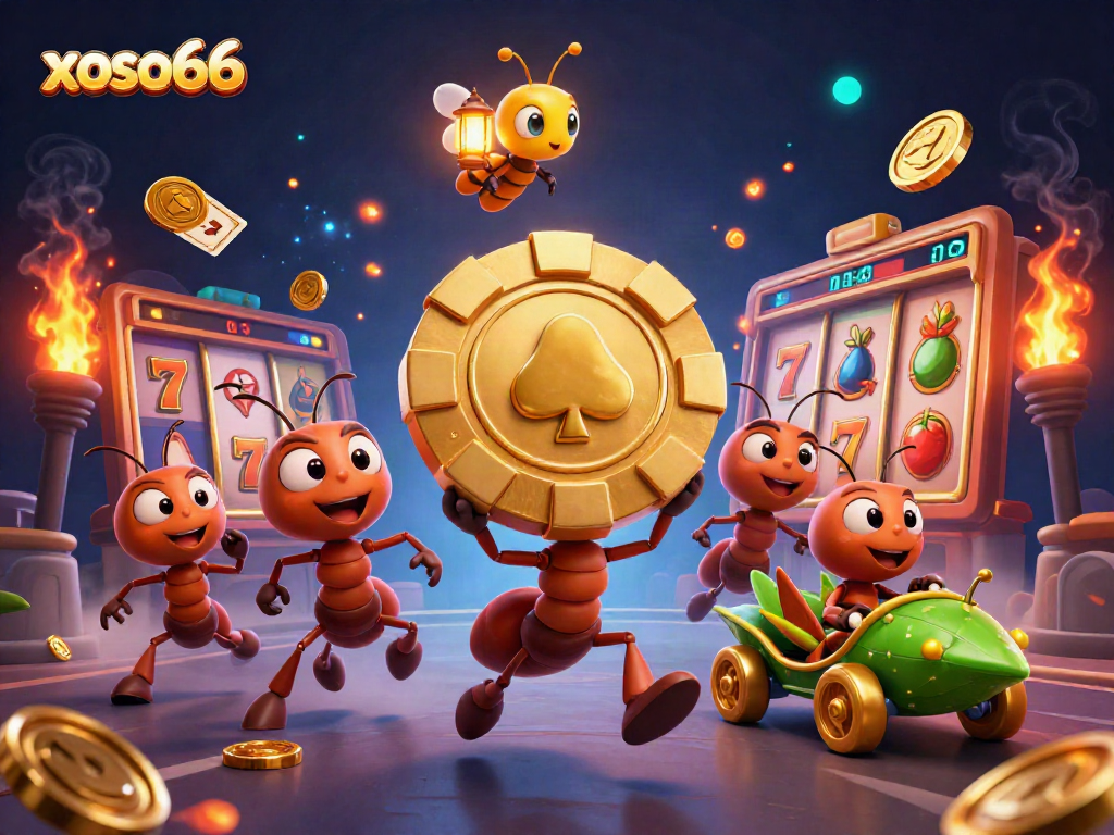 xoso66 showcases a vibrant 3D cartoon scene with ants heisting a giant poker chip, emphasizing casino excitement.