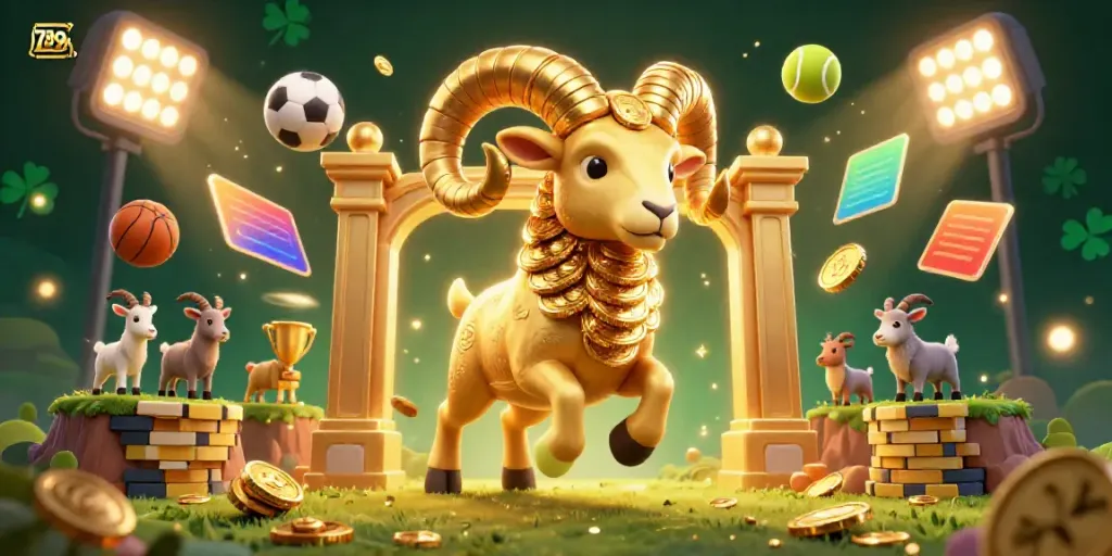 Experience exhilarating action with 789b's golden ram charging through a casino scene filled with sports elements and vibrant energy.