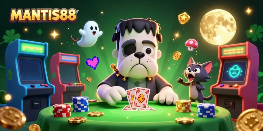 Experience MANTIS88 at a vibrant casino table with animated characters and thrilling game elements.