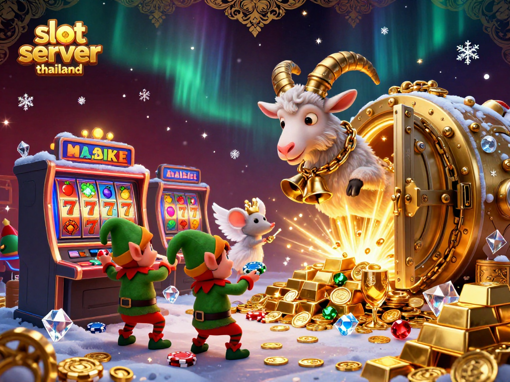 Engage with slot server thailand as mischievous characters animate a vibrant holiday-themed casino scene.