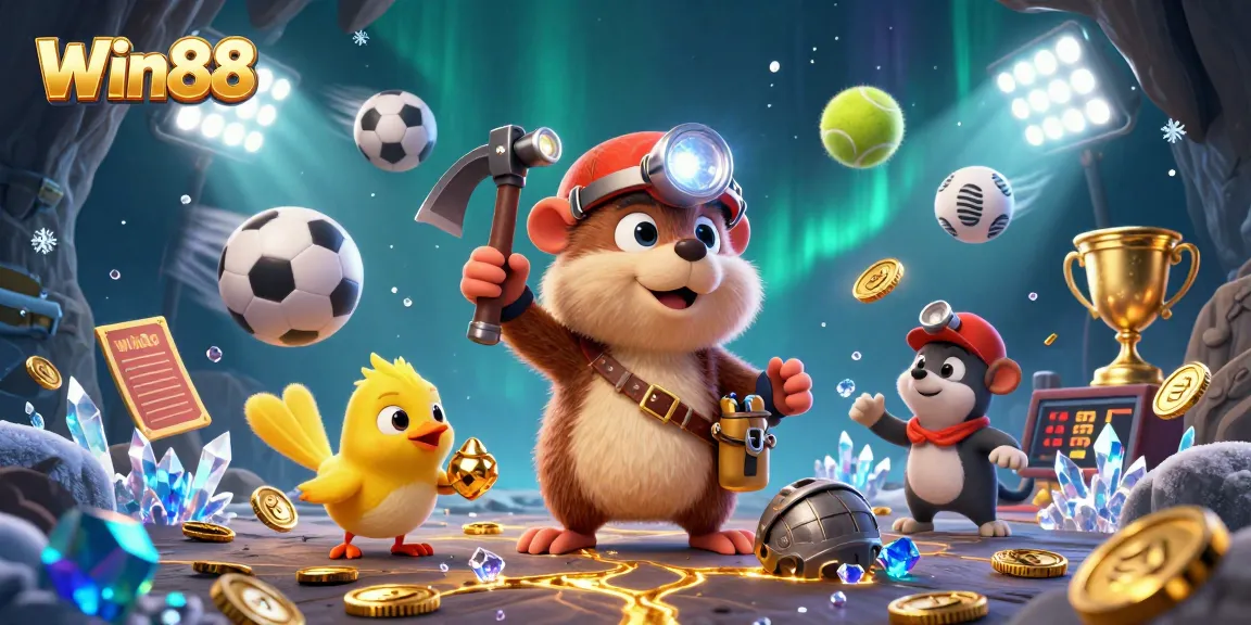 Win88 captures the thrill of sports betting with a treasure hunter, sports balls, and gleaming trophies.