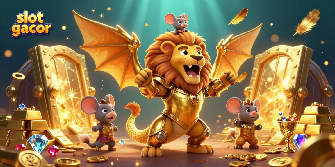 Engage with slot gacor illustration featuring a golden chimera triumphantly roared in a vibrant, treasure-filled casino scene.