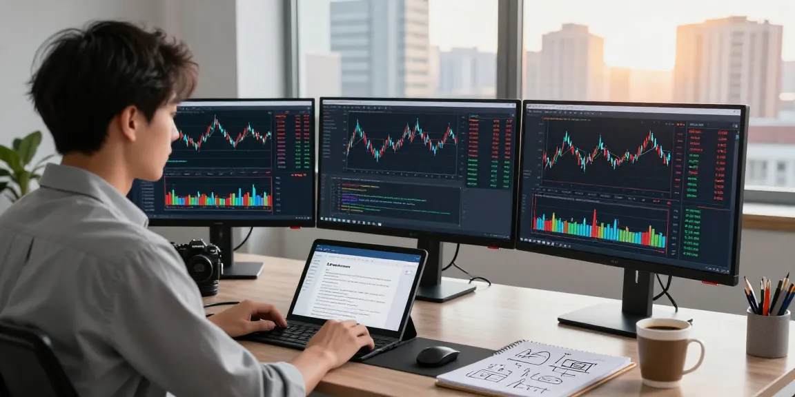 Developer utilizing historical Kline data API in a vibrant fintech workspace with multiple monitors showing live market data.