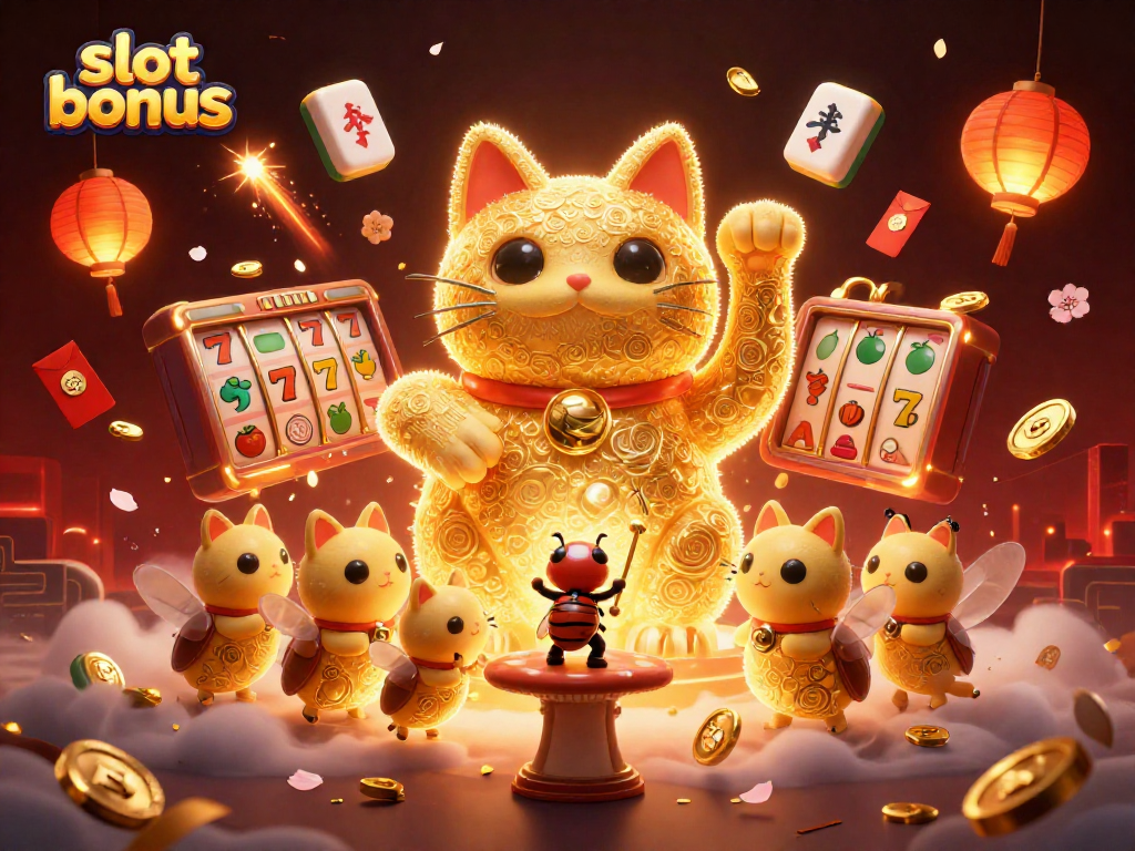 Experience high-stakes gaming with slot bonus illustrated by a lucky cat and casino symbols.
