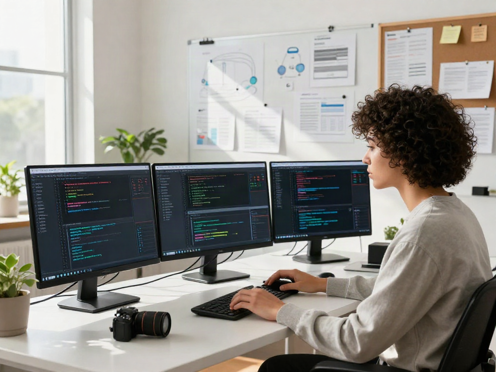 Data scientist analyzing datasets in a modern AI training data workspace with advanced monitors and project notes, dataset finder theme.