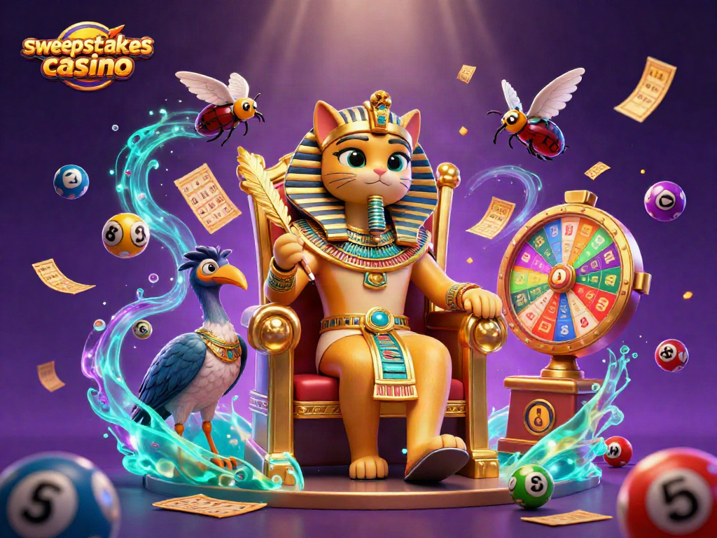 Experience exciting moments at a sweepstakes casino with vibrant lottery elements and lively characters.