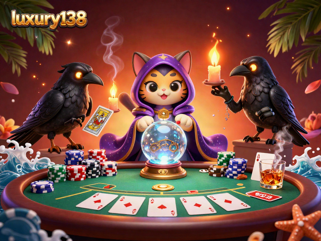 Permainan menarik di luxury138 saat kucing mistik meramal dengan kartu poker dan lilin ceria.
