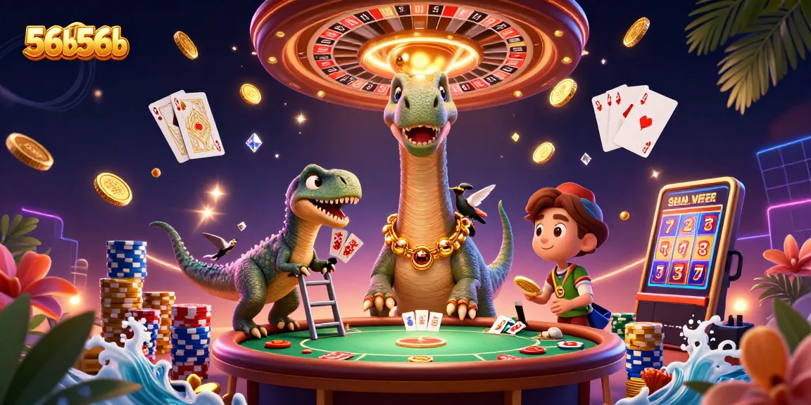 Engage with the animated 56b56b casino scene featuring a brontosaurus and raptor dealing cards.