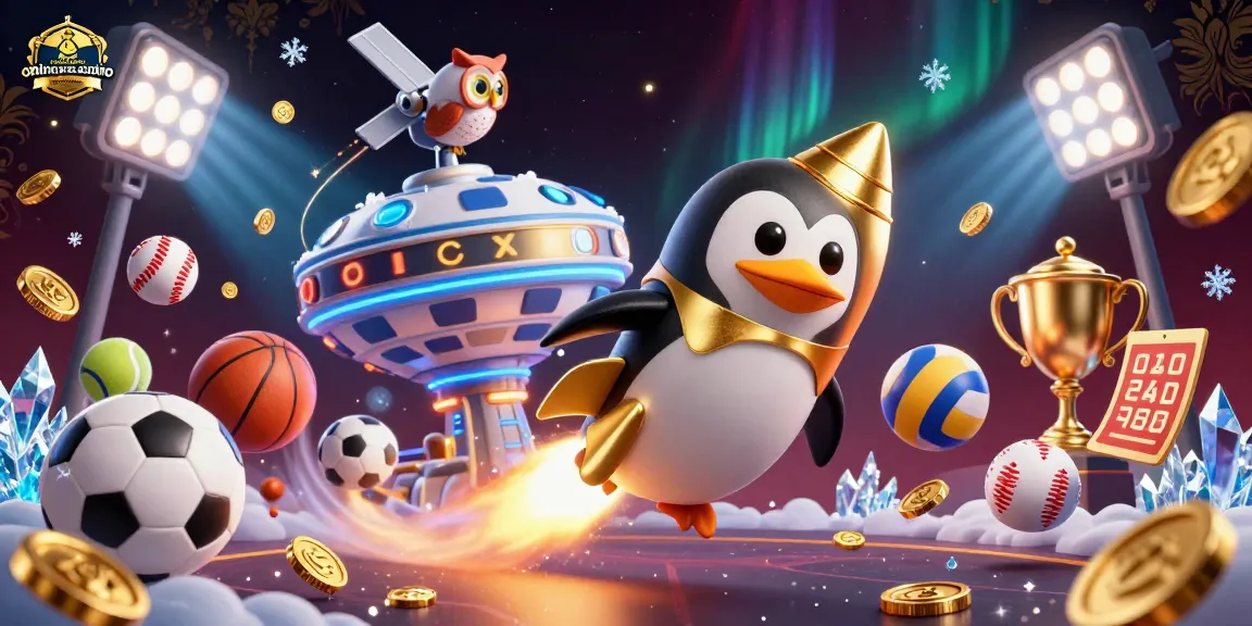Experience exciting no deposit online casino instant payouts with a golden penguin racing to a poker chip space station!