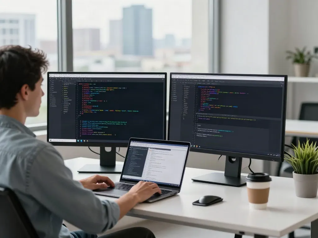 Developer working with v2rayN on dual monitors in a modern workspace