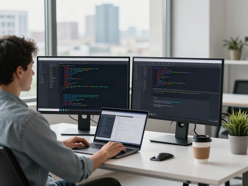 Developer working with v2rayN on dual monitors in a modern workspace